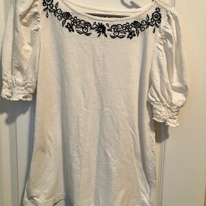 LOFT Cream and Black Puff Sleeve Embellished Blouse